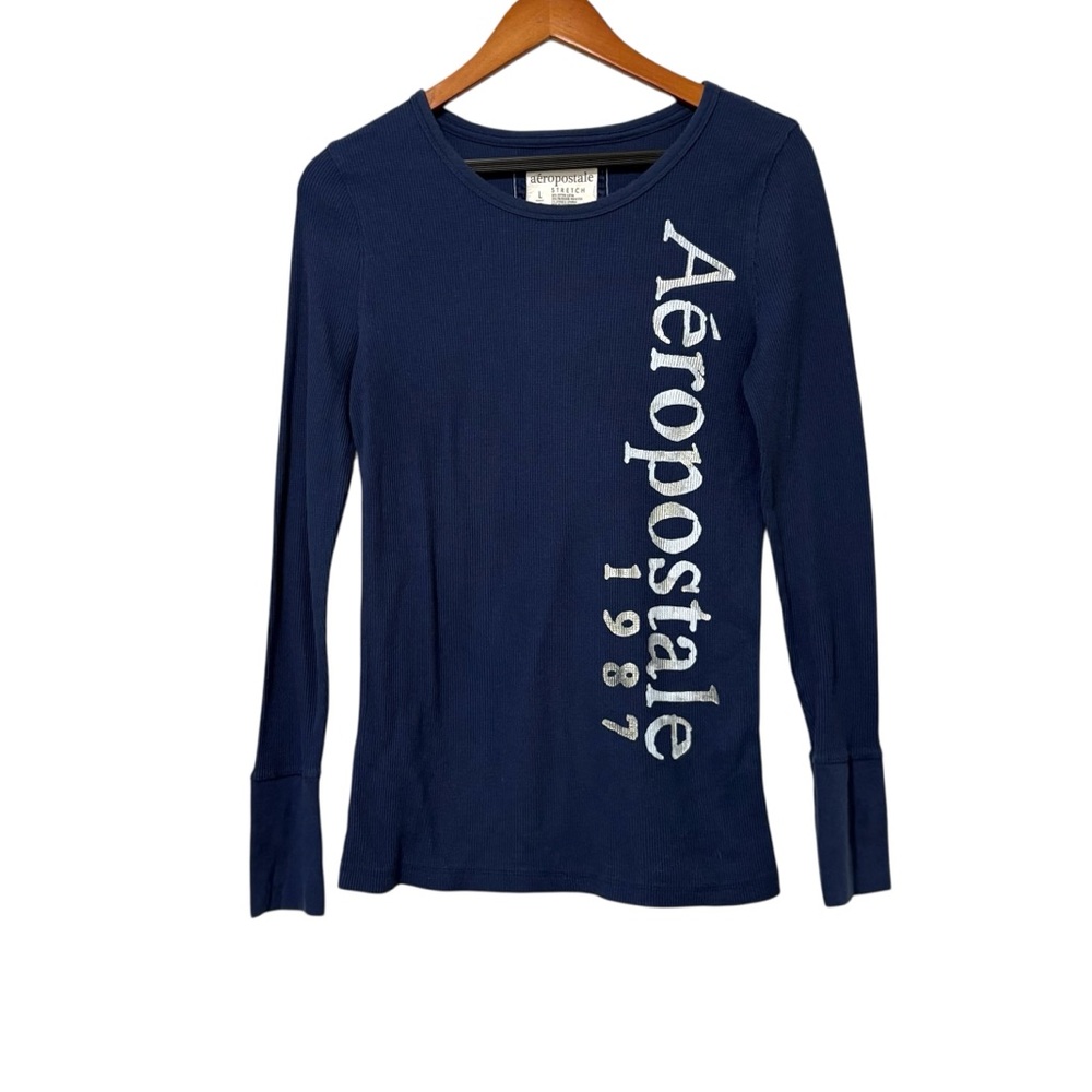 Vintage Y2K Aeropostale Size Large Navy Blue Thermal Waffle Knit Long Sleeve